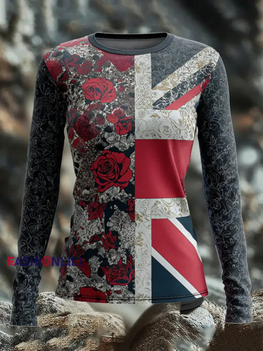 Women’s English Patchwork Rose Printed Tops As picture / S