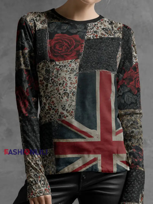 Women’s English Patchwork Rose Printed Tops As picture / S