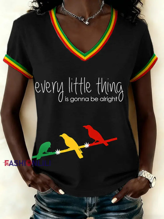 Women’s Every Little Thing Is Gonna Be Alright Print V-Neck T-Shirt Black / S