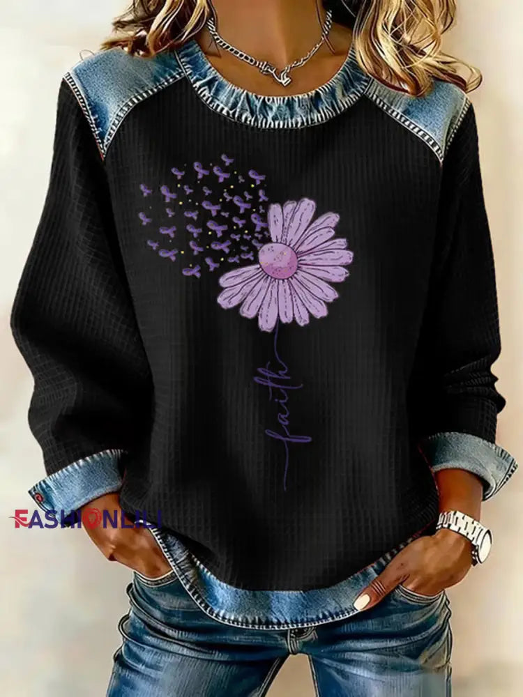 Women’s Faith Flower Purple Ribbon Print Casual Sweatshirt Black / S