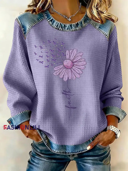 Women’s Faith Flower Purple Ribbon Print Casual Sweatshirt Purple / S
