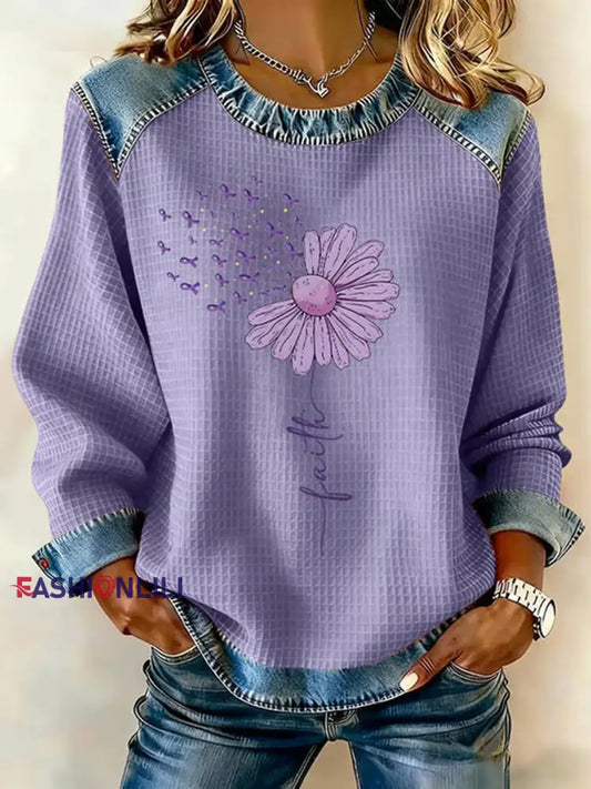 Women’s Faith Flower Purple Ribbon Print Casual Sweatshirt Purple / S