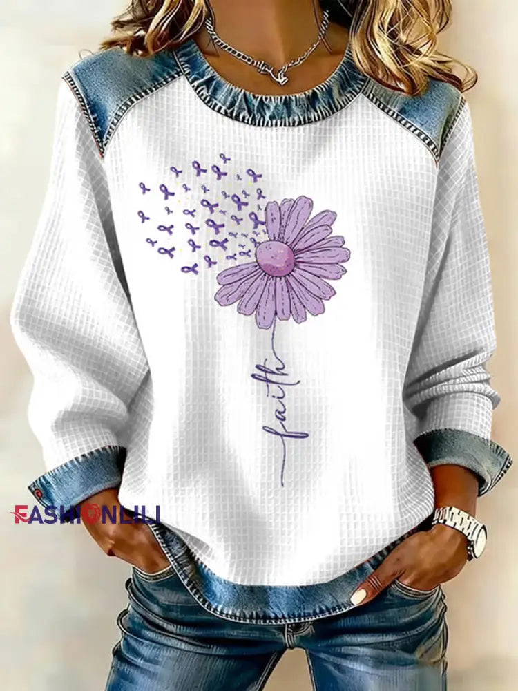 Women’s Faith Flower Purple Ribbon Print Casual Sweatshirt White / S