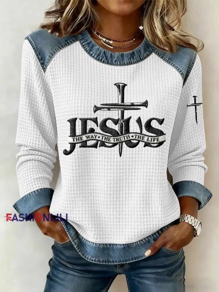 Women’s Faith Things Print Waffle Sweatshirt White / S