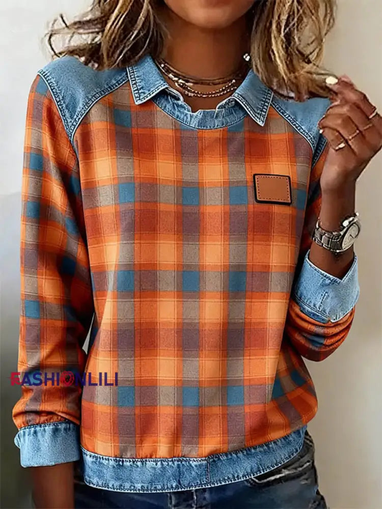 Women’s Fall Plaid Pattern Patchwork Art Sweatshirt As picture / S