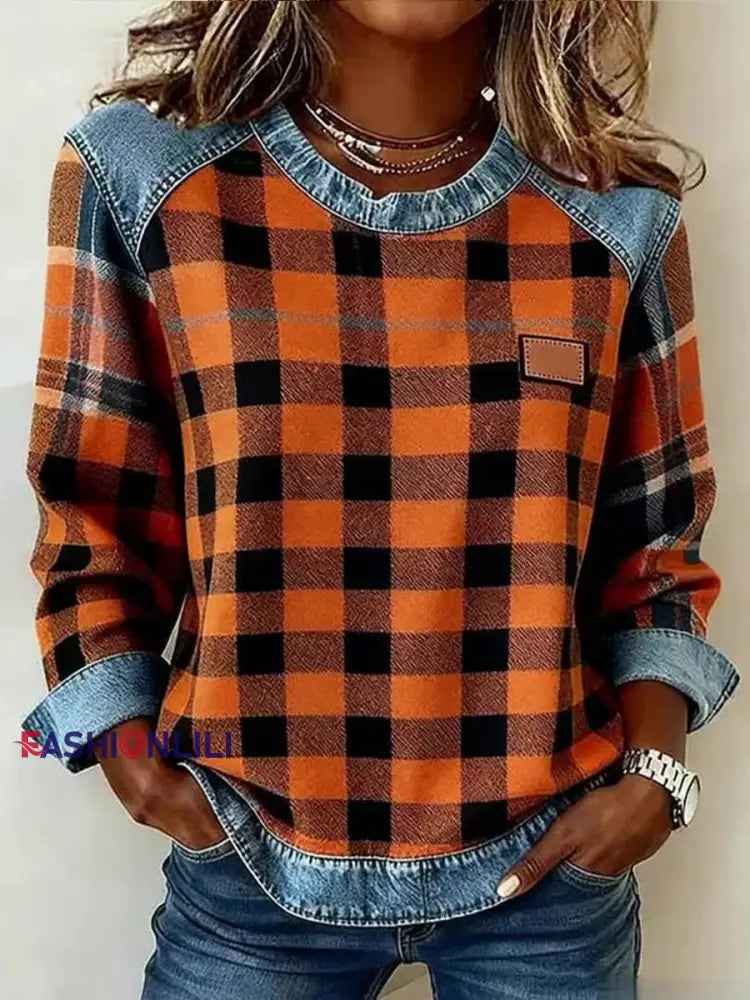 Women’s Fall Plaid Pattern Patchwork Art Sweatshirt As picture / S