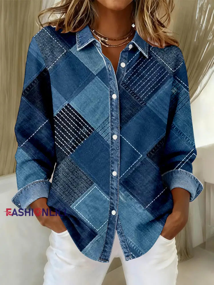 Women’s Fashion Denim Patchwork Art Casual Shirt As picture / S