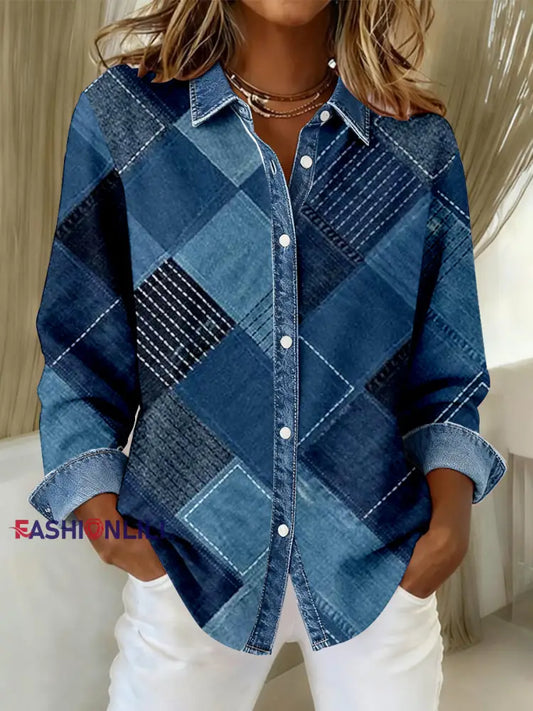 Women’s Fashion Denim Patchwork Art Casual Shirt As picture / S