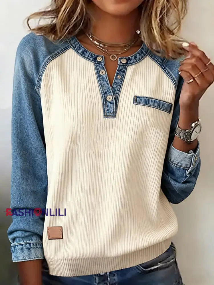 Women’s Fashion Patchwork Design Cozy Top Apricot / S