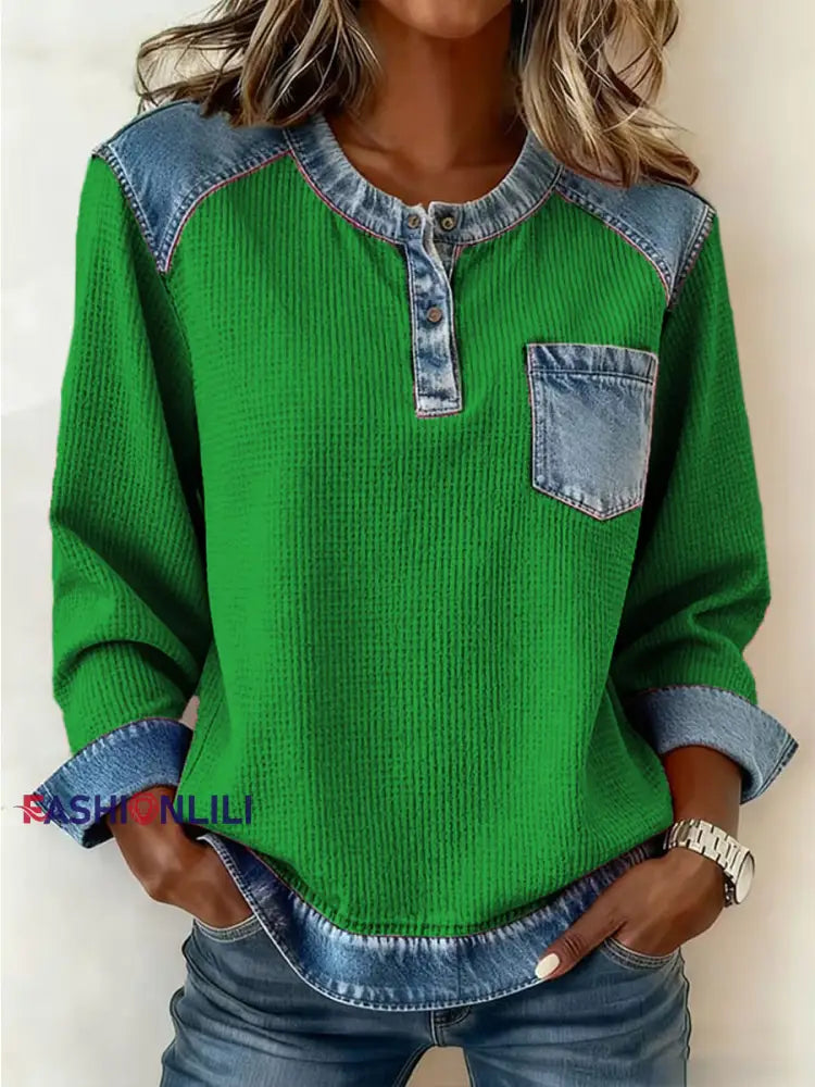 Women’s Fashion Patchwork Design Cozy Top Green / S