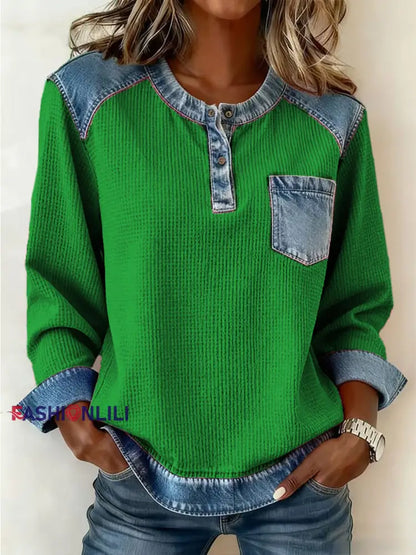 Women’s Fashion Patchwork Design Cozy Top Green / S