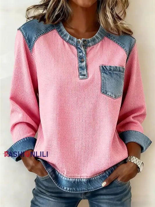 Women’s Fashion Patchwork Design Cozy Top Pink / S