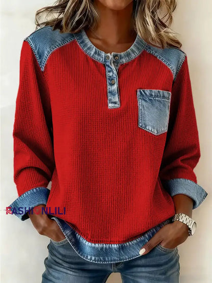 Women’s Fashion Patchwork Design Cozy Top Red / S