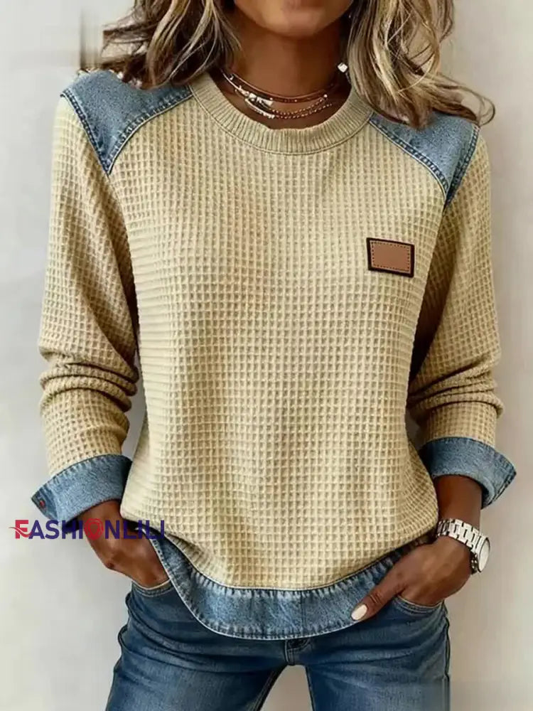 Women’s Fashion Patchwork Design Waffle Sweatshirt Apricot / S