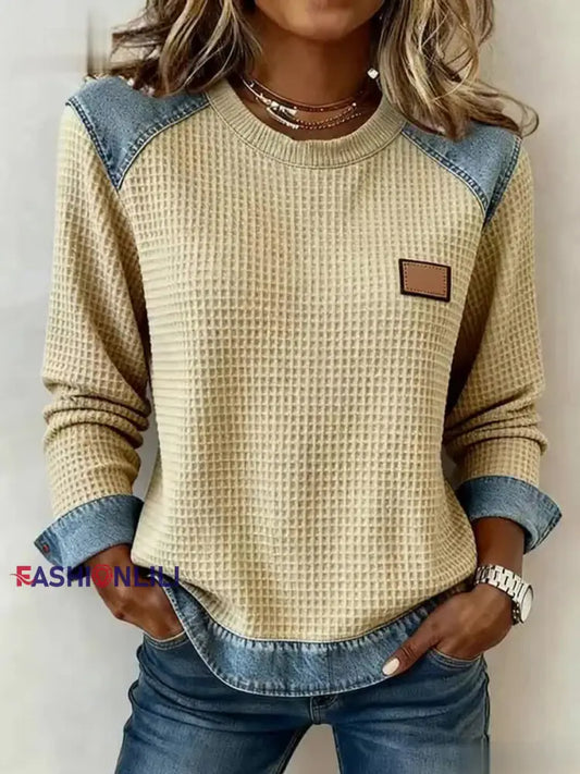 Women’s Fashion Patchwork Design Waffle Sweatshirt Apricot / S