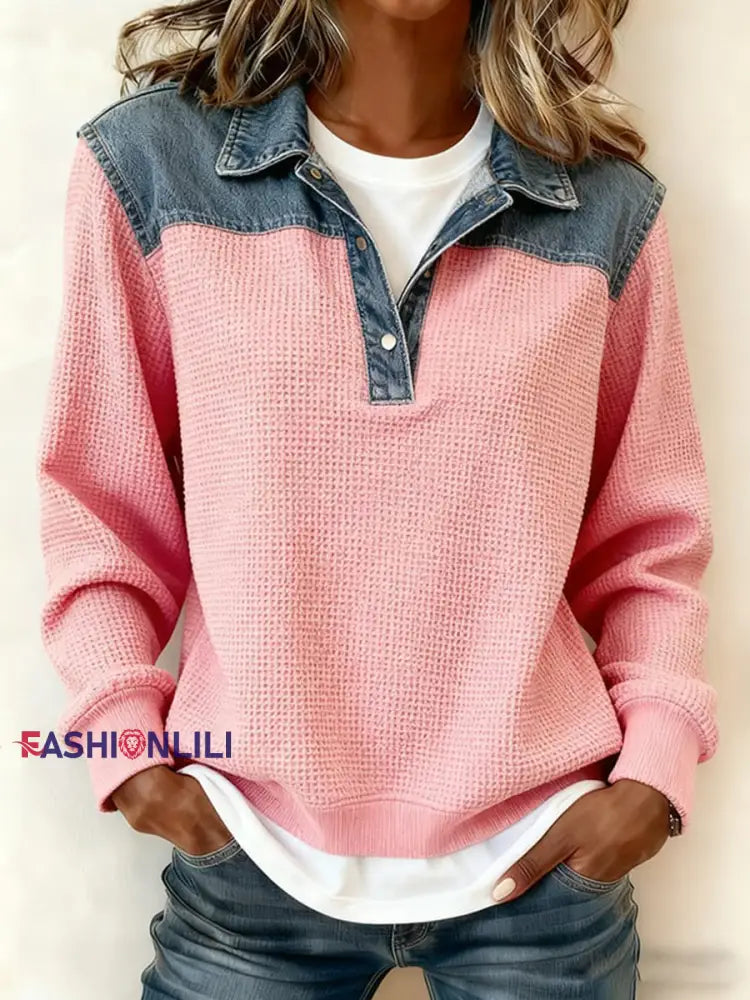 Women’s Fashion Patchwork Design Waffle Top Pink / S