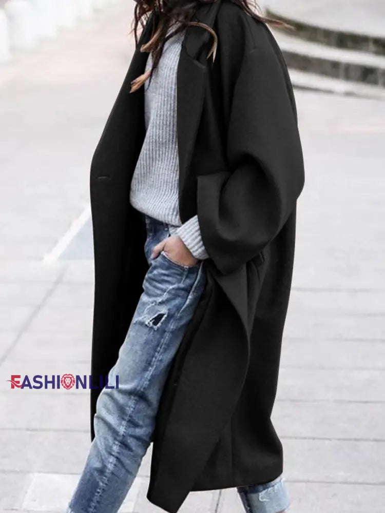 Women’s Fashionable Casual Mid-Length Woolen Coat Black / S