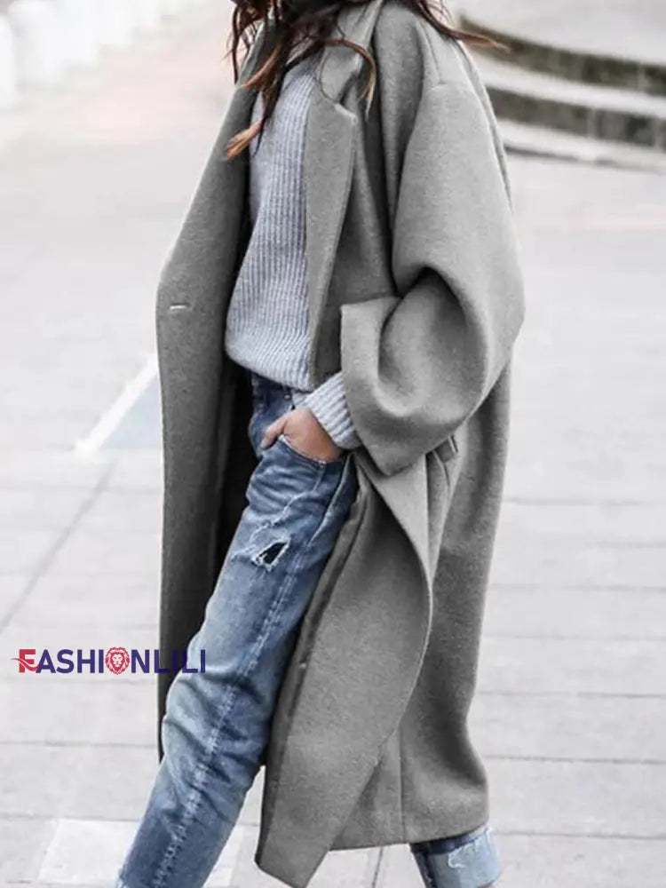 Women’s Fashionable Casual Mid-Length Woolen Coat Gray / S