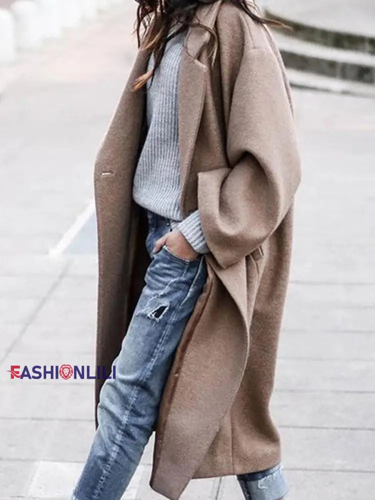 Women’s Fashionable Casual Mid-Length Woolen Coat Khaki / S