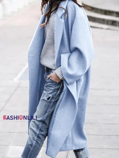 Women’s Fashionable Casual Mid-Length Woolen Coat Light Blue / S