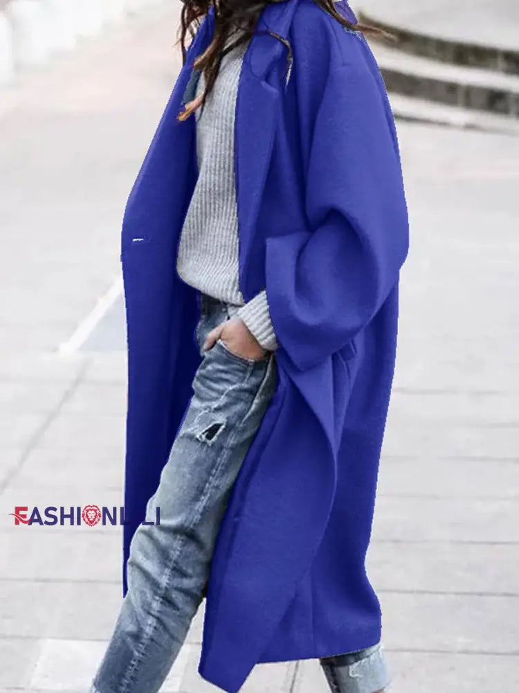 Women’s Fashionable Casual Mid-Length Woolen Coat Royal Blue / S