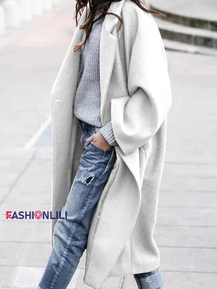 Women’s Fashionable Casual Mid-Length Woolen Coat White / S
