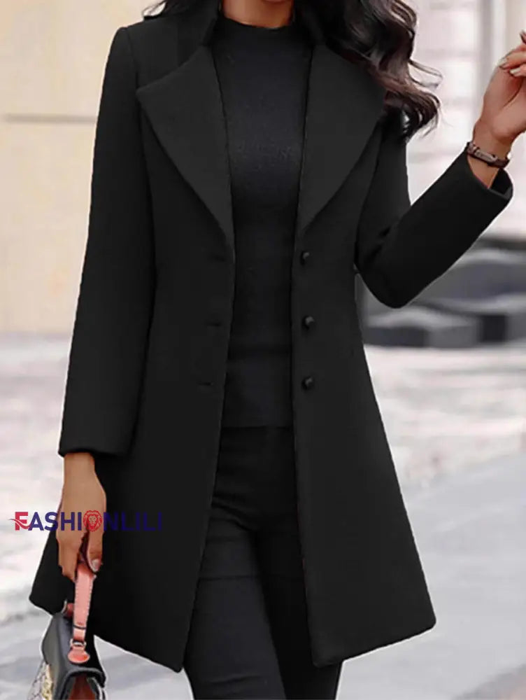 Women’s Fashionable Elegant Mid-Length Woolen Coat Black / S