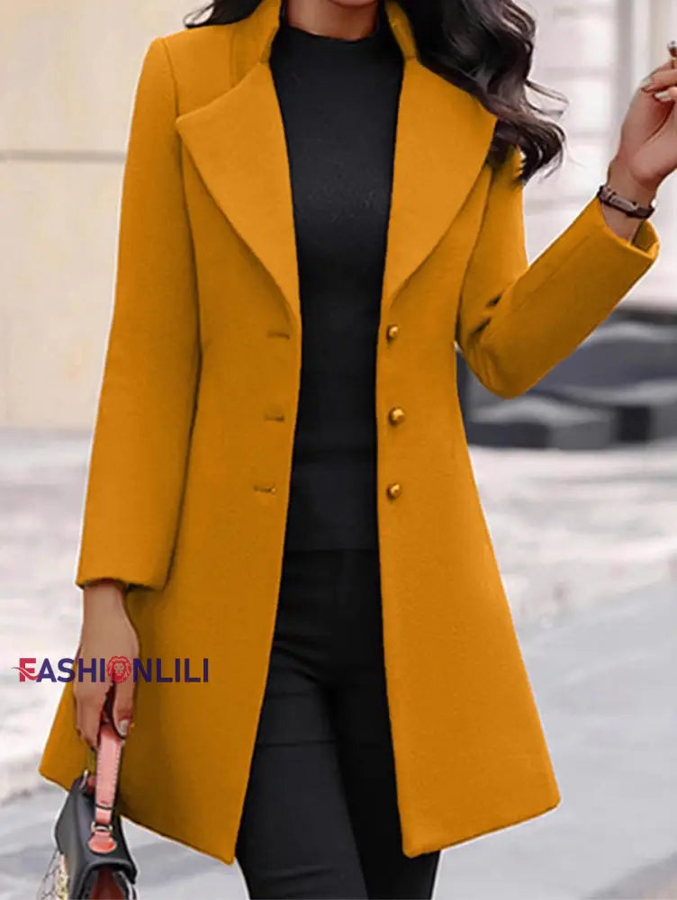 Women’s Fashionable Elegant Mid-Length Woolen Coat Yellow / S