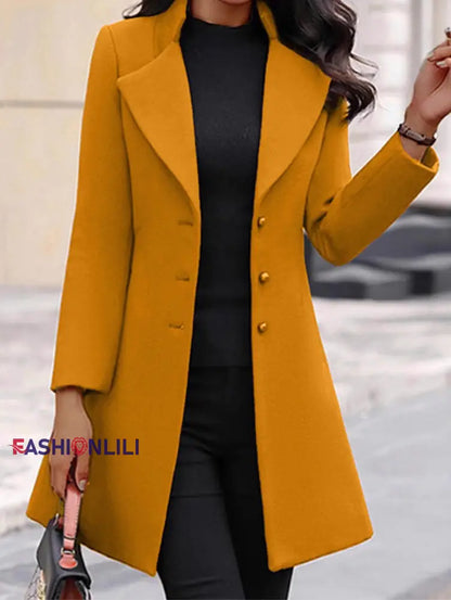 Women’s Fashionable Elegant Mid-Length Woolen Coat Yellow / S
