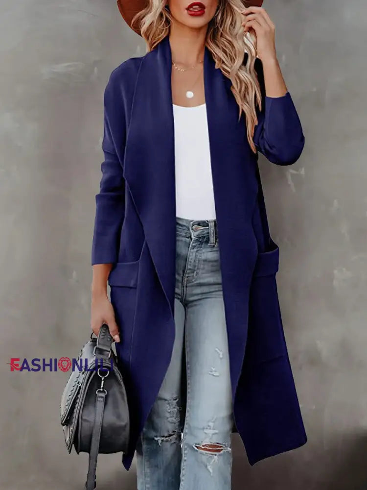 Women’s Fashionable Mid-Length Woolen Coat Blue / S