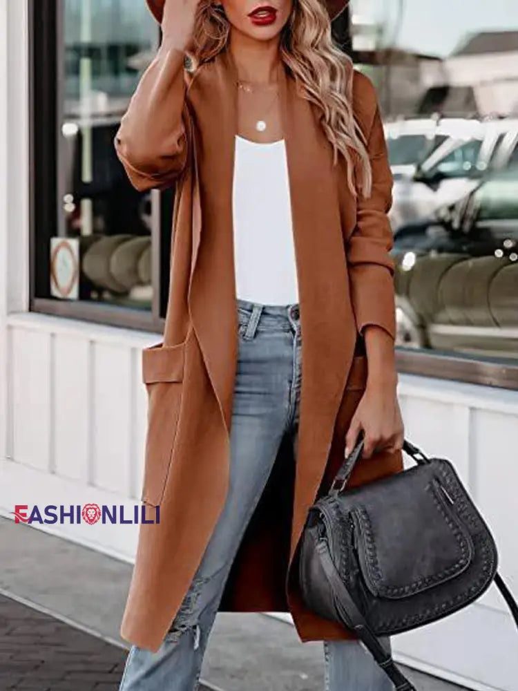 Women’s Fashionable Mid-Length Woolen Coat Coffee / S