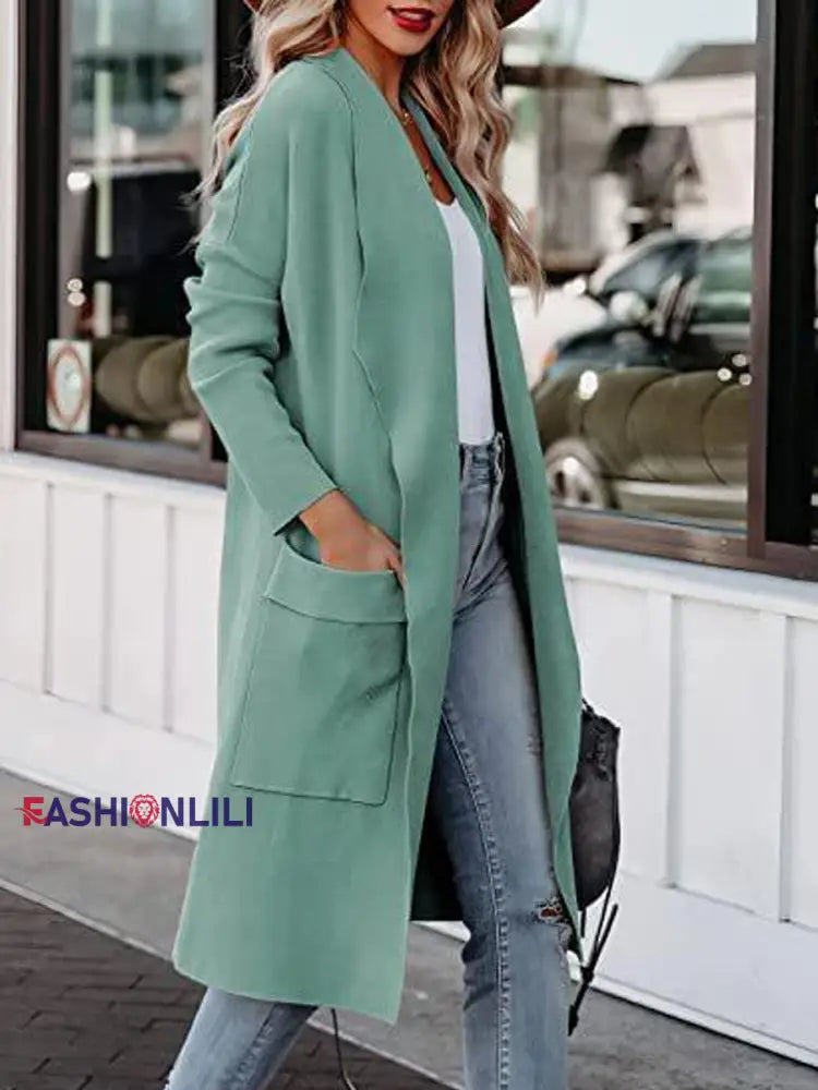 Women’s Fashionable Mid-Length Woolen Coat Green / S