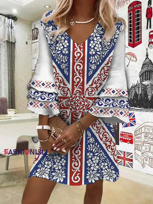 Women’s Floral British Flag Print Casual Mini Dress White-Blue / S