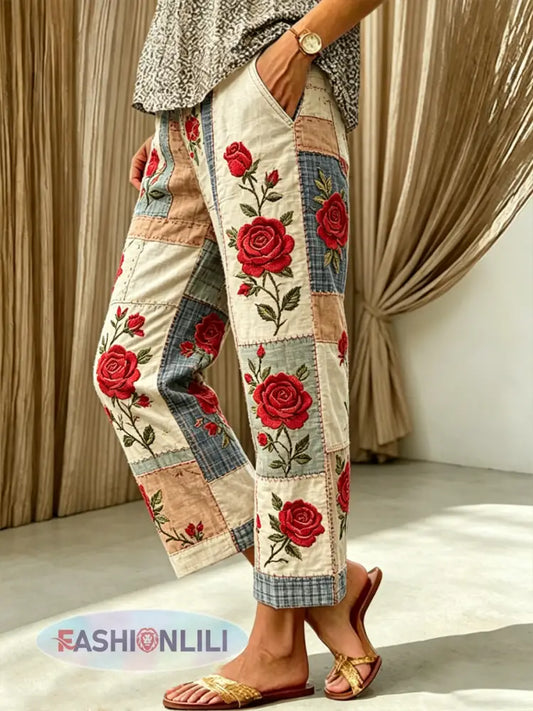 Women’s Floral Print cotton linen nine-minute trousers - As picture / S