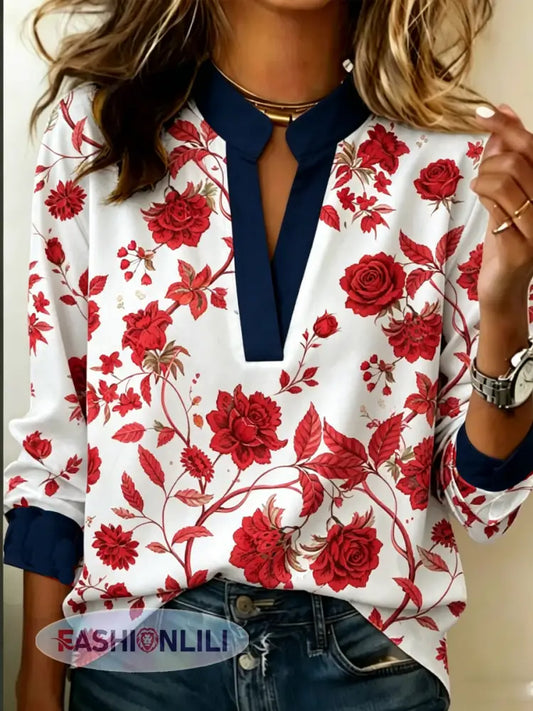 Women’s Floral Print Linen Long Sleeve Shirt - As picture / S