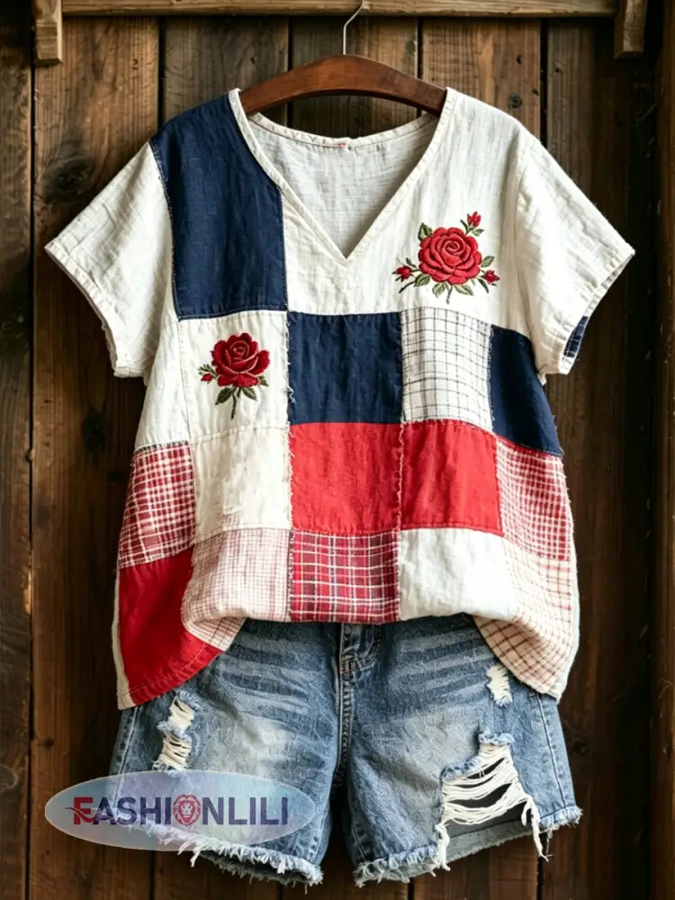 Women’s Floral Print linen short-sleeved T-shirt