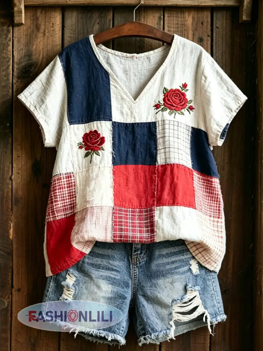 Women’s Floral Print linen short-sleeved T-shirt