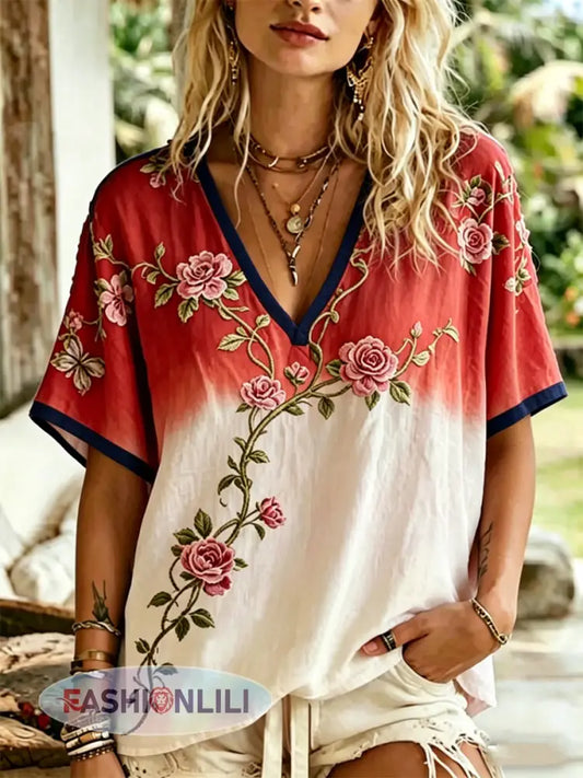 Women’s Floral Print linen short-sleeved T-shirt - A / S
