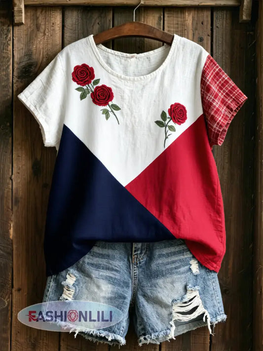 Women’s Floral Print linen short-sleeved T-shirt - As picture / S