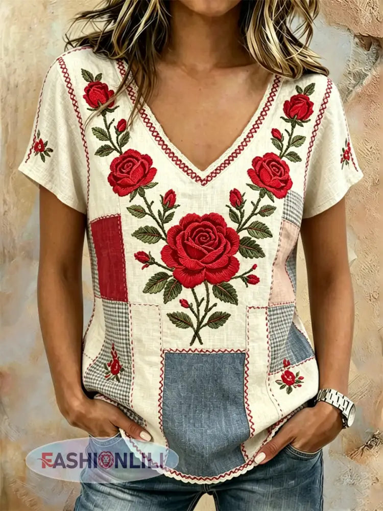 Women’s Floral Print linen short-sleeved T-shirt - As picture / S