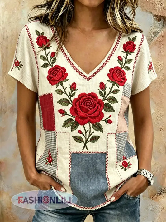 Women’s Floral Print linen short-sleeved T-shirt - As picture / S