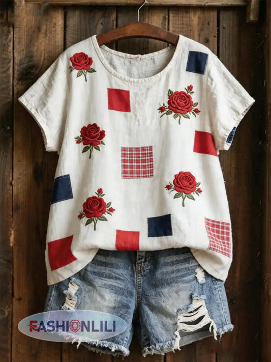 Women’s Floral Print linen short-sleeved T-shirt - As picture / S