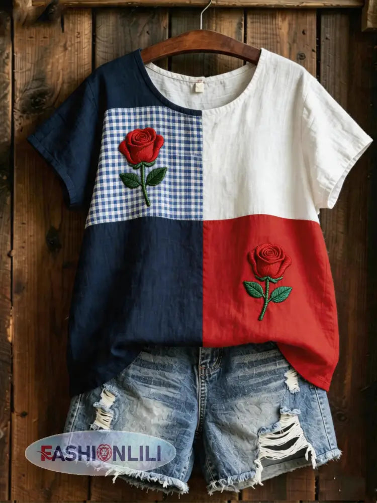 Women’s Floral Print linen short-sleeved T-shirt - As picture / S