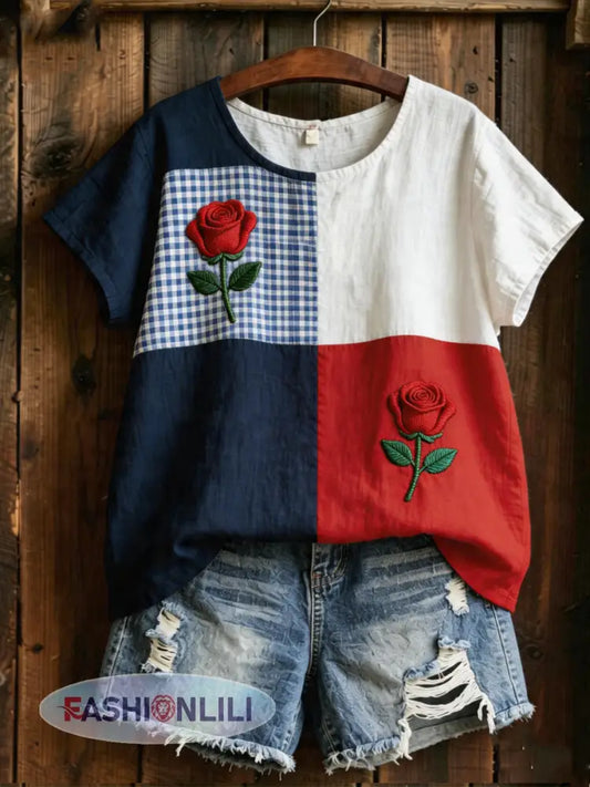 Women’s Floral Print linen short-sleeved T-shirt - As picture / S