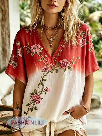 Women’s Floral Print linen short-sleeved T-shirt - B / S