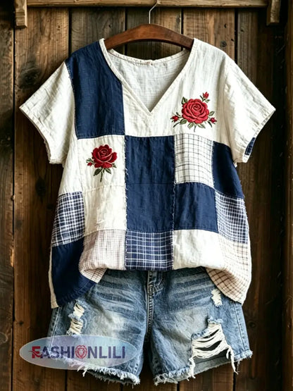 Women’s Floral Print linen short-sleeved T-shirt - Blue / S