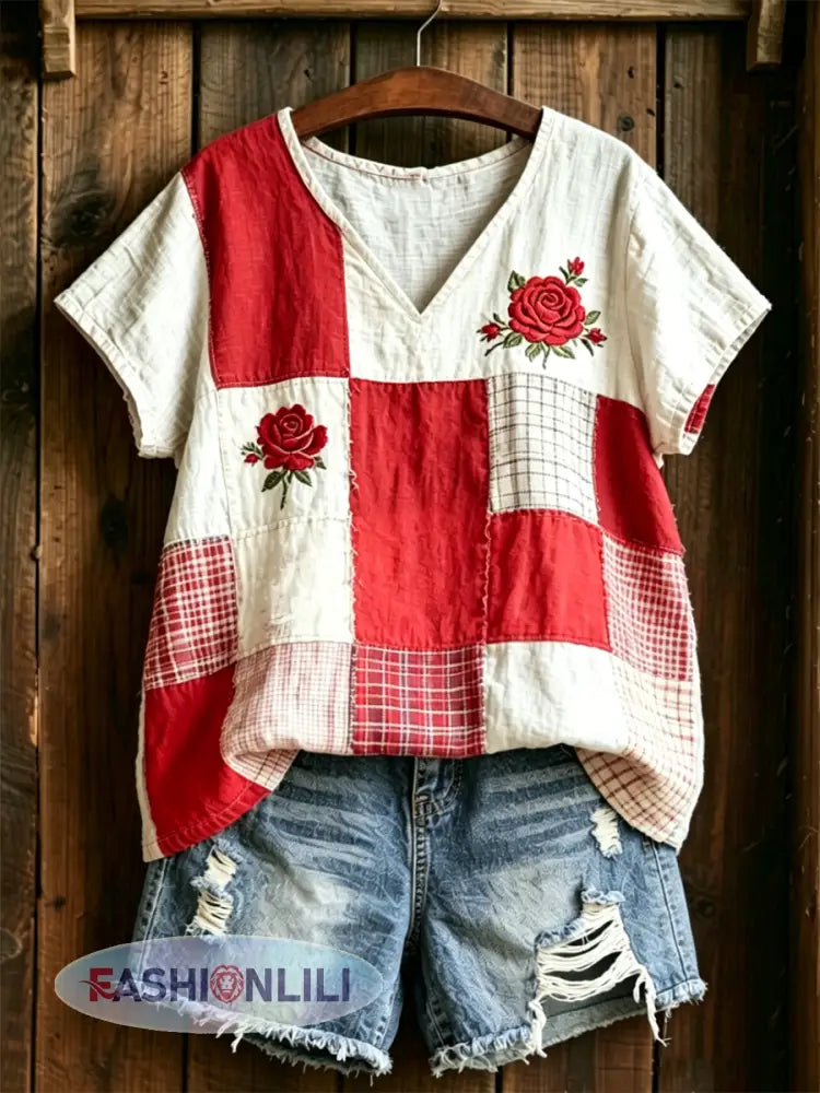Women’s Floral Print linen short-sleeved T-shirt - Red / S