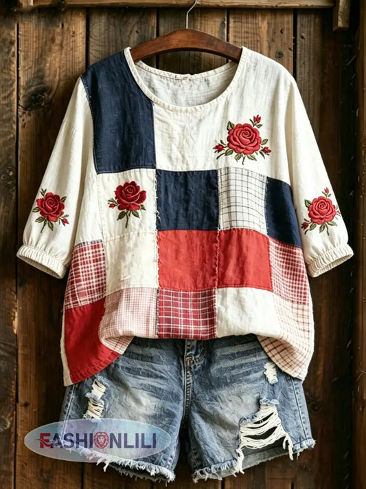 Women’s Floral Print Mid-length Sleeves T-Shirt - As picture / S