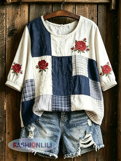 Women’s Floral Print Mid-length Sleeves T-Shirt - Blue / S