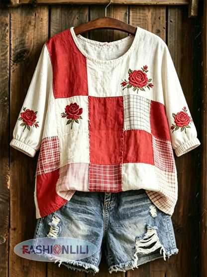 Women’s Floral Print Mid-length Sleeves T-Shirt - Red / S